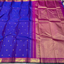Sahana- Violetish Blur with Magenta Pink Buttas Handwoven Pure Jari Kanjivaram Silk with elephants and peacocks motifs woven body with beautiful borders with green selvedges rich pallu and contrast woven blouse