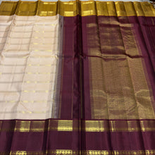 Vaibhogam- Gorgeous Ivory White with Bronze Mustard and Maroonish Brown Handwoven Pure Zari Korvai Kanjivaram Silk with Ganga Jamuna Borders rich doublepet borders rich getti zari pallu and contrast veldhari striped blouse