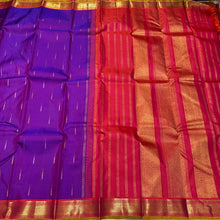 Purple with Orange Mallimoggu Buttas and Small borders Handwoven Pure Jari Kanjivaram Silk Saree Beauty