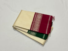 Premium Weave- Offwhite with Ganga Jamuna Korvai Zariless Handwoven Kanjivaram Silk Saree with rich borders classy pallu and contrast woven blouse