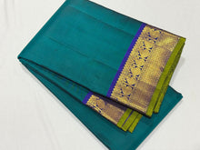 Rama Green with Dark Azure Blue Handwoven Pure Jari Kanjivaram Silk Saree with beautiful borders and light green selvedges rich Pallu and contrast woven blouse