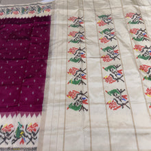 Arabhi- Stunning Deep Magenta with Creamish Offwhite Handwoven Premium Zariless Double Ikat with beautiful body with rich Ikat style woven borders pallu and contrast offwhite blouse