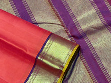 Nayaki-Stunning Orange with Burgundy Brown  Handwoven Pure  Kanjivaram Silk Saree with rich bawanchi borders with sampanga mustard selvedges contrast pallu and blouse