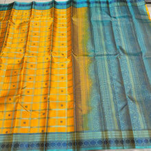 Gorgeous Golden Mustard with Turquoise Blue and Peacock Blue Handwoven Pure Zariless 1000 buttas style woven beautiful Kanjivaram Silk with rich borders pallu and contrast woven blouse