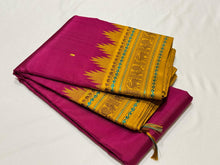 Premium Collections - Deep Reddish Magenta with Mustard Buttas with Temples Handwoven Pure Zariless Korvai Kanjivaram Silk Saree Beauty