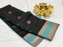 Black with Grey with Multicolored Buttas Handwoven Pure Zariless Soft Kanjivaram Silk Saree Beauty