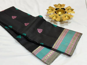 Black with Grey with Multicolored Buttas Handwoven Pure Zariless Soft Kanjivaram Silk Saree Beauty