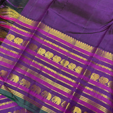 Vaibhogam- Stunning Mambazha Orange (Mango Orange) with Deep Purple Varisaipet Borders with Buttas Handwoven Pure Jari Korvai Kanjivaram Silk with stunning borders rich lakshadeepam style woven pallu and contrast woven beautiful blouse