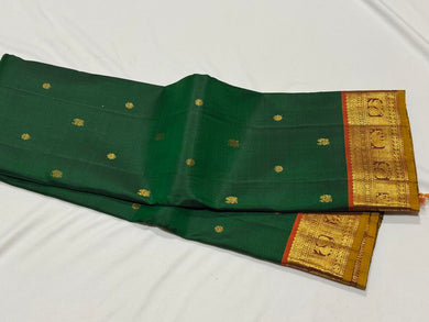 Emerald Green with Rust Buttas Handwoven Pure Jari Kanjivaram Silk Saree with rich borders pallu and contrast woven blouse beauty