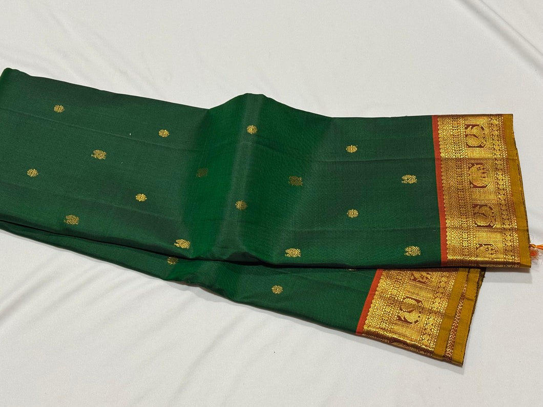 Emerald Green with Rust Buttas Handwoven Pure Jari Kanjivaram Silk Saree with rich borders pallu and contrast woven blouse beauty