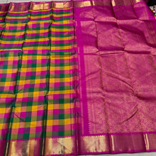 Multicolored Palum Pazhamum Checks with Rani Pink Pallu Blouse in a beautiful Handwoven Pure Jari Kanjivaram Silk Saree