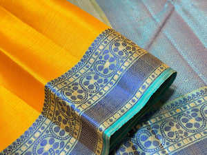 Yellow with Turquoise Green Blue Handwoven Pure Zariless Self Striped Soft Kanjivaram Silk With Buttas Body rich pallu and Jacquard Blouse