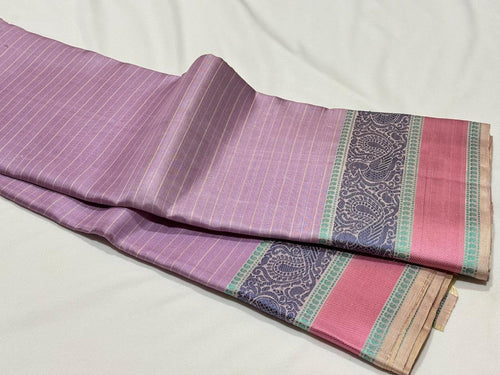 Lavendar with Greyish White Handwoven Pure Soft Zariless Kanchipuram Silk Saree Beauty