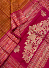 Premium Zariless Vintage Weave- Golden Mustard with Tomato Pink Muthukattam with Rich borders Sorgavaasal Inspired Pallu In a ZeroZari Handwoven Pure Kanjivaram Silk Saree Beauty