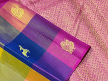 Saranga- Gorgeous Palum Pazhamum Multichecks Handwoven Pure Jari Kanjivaram Silk with Vairaoosi with buttas woven beautiful body with rich pallu and contrast woven beautiful pink blouse