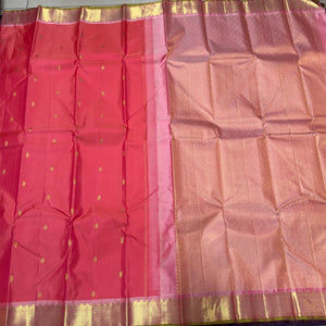 Dual tone Lotus Pink Short Orange body with Lotus Pink Pallu Blouse Handwoven Pure Jari Kanjivaram Silk Saree Buttas Beauty