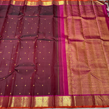 Chocolate Brown with Deep Magenta Buttas Handwoven Pure Jari Kanjivaram Silk Saree with rich Gandaberundas Woven Borders Pallu and Contrast woven blouse