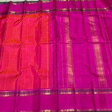 Double tone Orange with Pink with Mallimoggu Buttas and Doublepet Borders in a Handwoven Pure Kanjivaram Silk Saree Beauty