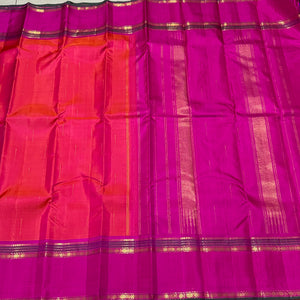 Double tone Orange with Pink with Mallimoggu Buttas and Doublepet Borders in a Handwoven Pure Kanjivaram Silk Saree Beauty