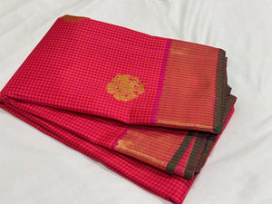 Orange with Rani Pink kasakasa Muthukattam with elephant motifs woven body with rich borders Pallu Handwoven Pure Jari Kanjivaram Silk Saree Beauty
