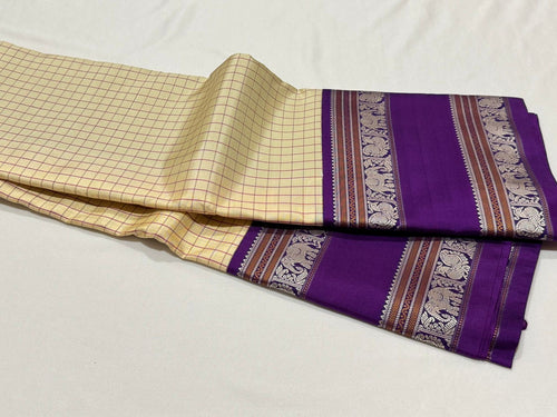 Offwhite with Aubergine Purple Korvai Muthukattam Handwoven Pure Zariless rettapet bordered Kanchipuram Silk Saree Beauty