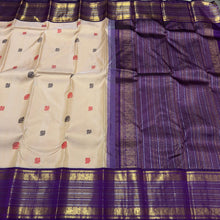 Vaibhogam- Stunning Sandal White with Purple Handwoven Pure Jari Korvai Kanjivaram Silk with thread buttas woven beautiful body with rich Borders gorgeous pallu and contrast aubergine blouse