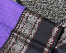 Saraswati- Gorgeous Lavendar with Black Handwoven Pure Korvai Premium Zariless Kanjivaram Silk with beautiful checked body with rich yazhis and rudrakshas woven borders gorgeous pallu and contrast woven blouse