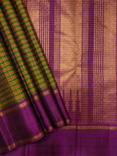 Sahana- Gorgeous Green and Mustard Handwoven Pure Jari Kanjivaram with multichecks kottadi Jari Podikattam with beautiful borders rich pallu and contrast woven wine blouse