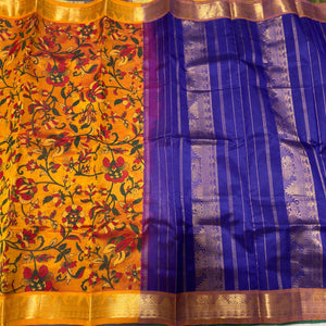 Mustard beauty with Blue Selfcontrast Handwoven Pure Kanjivaram Silkcotton Saree with Handblock Pichwai Prints Beauty