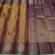 Sahana- Gorgeous Bronze Gold with Deep Purplish Brown Handwoven Pure Kanjivaram Silk with Striped body rich peacocks in paisley motifs woven borders with green selvedges rich pallu and contrast woven blouse