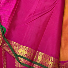 Sahana- Beautiful double tone Mustard with Magenta Shot Arakku Buttas Handwoven Pure Jari Kanjivaram Silk with green selvedges rich pallu and contrast woven blouse