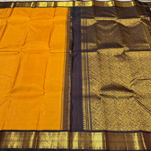 Vaibhogam - Stunning Mustard with Snuff Brown Buttas Handwoven Pure Jari Korvai Kanjivaram Silk with beautiful borders rich pallu and contrast woven blouse