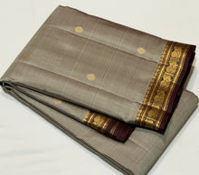 Sahana- Greyish Beige with Deep Brown Buttas with Small Borders Handwoven Pure Kanjivaram Silk with gorgeous pallu and contrast woven blouse