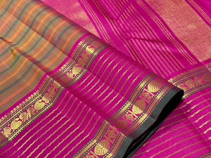 Vintage Inspired- Brown and Peach Multistriped Veldhari Style with Pink Handwoven Pure Jari Kanjivaram Silk Saree Beauty