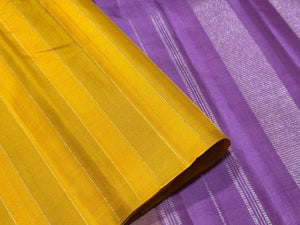 Mustard with Lavendar Jari Striped Handwoven Borderless Pure Kanjivaram Silk Saree Beauty