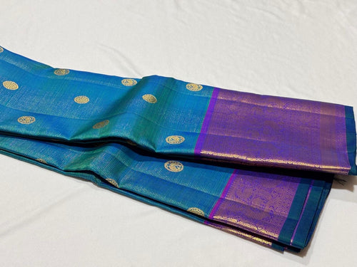Peacock Blue Green with Purple Vairaoosi with Buttas Handwoven Pure Jari Kanjivaram Silk Saree Beauty with Long & Short Borders