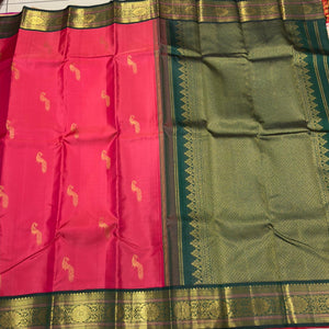 Dual tone Tomato Pink with Bottle Green Buttas Handwoven Pure Jari Korvai Kanjivaram Silk Saree Beauty