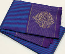 Sahana- Gorgeous Royal Blue with Purple Handwoven Pure Jari Kanjivaram Silk with beautiful striped body with jari oosi striped buttas woven borders rich beautiful pallu and contrast woven blouse