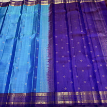 Sahana-Gorgeous Pastel Blue with Violetish Blue Handwoven Pure Kanjivaram Silk with buttas woven beautiful body rich small borders gorgeous pallu and contrast woven blouse