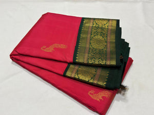 Dual tone Tomato Pink with Bottle Green Buttas Handwoven Pure Jari Korvai Kanjivaram Silk Saree Beauty