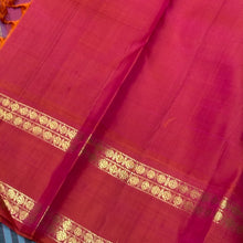 Gorgeous Handwoven Pure Jari Korvai Kanjivaram Silk Saree with greyish blue and dark grey striped body with gorgeous dual tone kanakambaram orange pink rettapet rudrakshas woven borders rich temple rekku pallu and contrast woven blouse