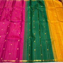 Saranga- Stunning Deep Rani Pink with Mayil Chakram Buttas woven body Handwoven Pure 2g Jari Kanjivaram Silk with double colored pallu and rich contrast golden mustard blouse