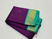 Evergreen Combo- Deep Purple with Turquoise Blue Green Buttas Korvai Handwoven Pure Jari Kanjivaram Silk Saree Beauty