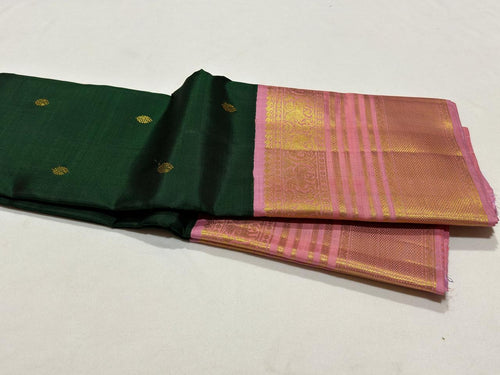 Bottle Green with Peachish Pink Korvai with Buttas Handwoven Pure Jari Kanjivaram Silk Saree Broad Borders Beauty