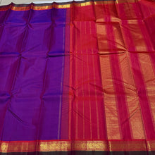Nayaki- Gorgeous Vadamalli Purple with Double tone Orange and beautiful Green Selvedges Handwoven Pure Jari Kanjivaram Silk with Small borders rich pallu and contrast woven beautiful blouse