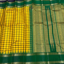 Yellow with Bottle Green Handwoven Pure Zariless Korvai Kanjivaram Silk Saree with doublepet temple borders beauty