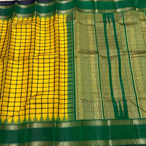 Yellow with Bottle Green Handwoven Pure Zariless Korvai Kanjivaram Silk Saree with doublepet temple borders beauty