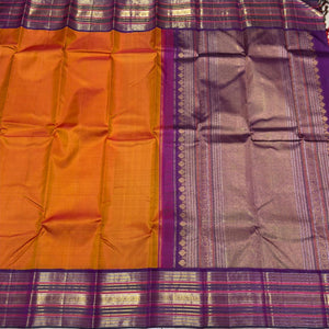 Orange with Deep Wine Korvai Handwoven Pure Jari Kanjivaram Silk Saree Meenakari Varisaipet Borders Beauty