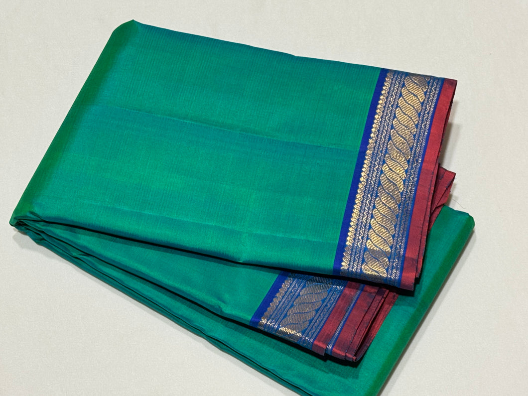 Peacock Green with Peacock Blue Small Borders Handwoven Pure Jari Kanjivaram Silk Saree beauty