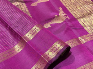 Deep Wine with Gold Handwoven Pure Jari Kanjivaram Silk Saree with Jari Checked body and Kalakshetra Kili Pallu Beauty